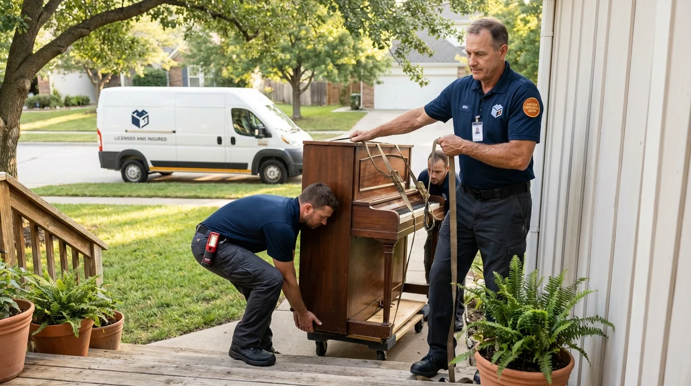 Licensed piano movers securing grand piano in Holgate, OH